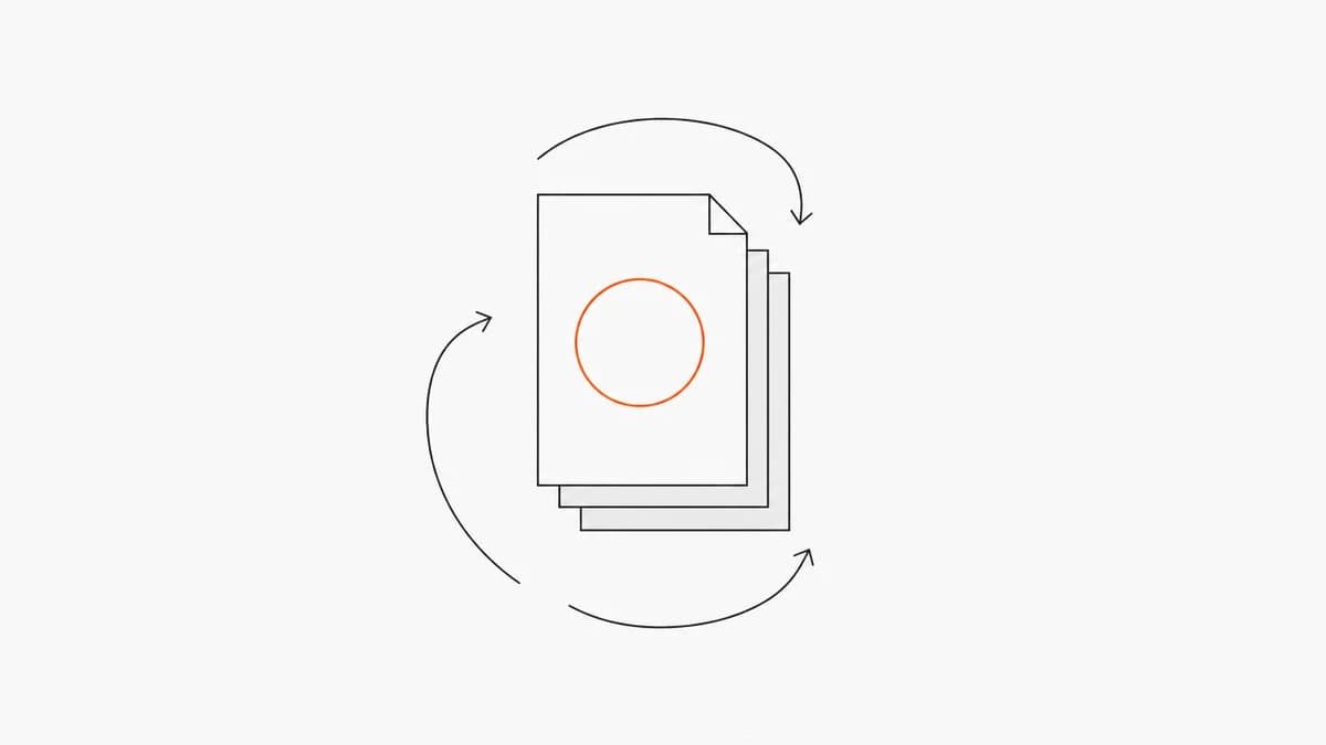 Ein Stapel Blätter mit einem orangen Siegelring, umschlossen von zwei Pfeilen, die im Kreis zurückführen.