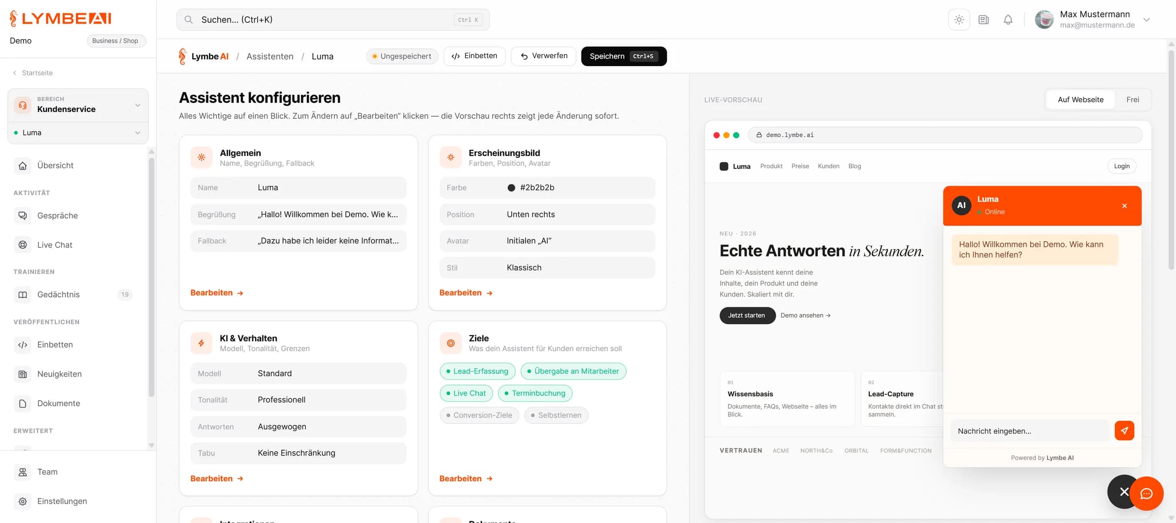 Editor eines Assistenten mit Live-Vorschau im Browserfenster