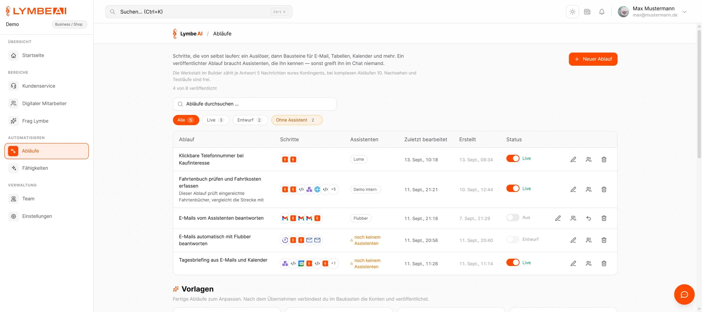 Übersicht der Abläufe im Lymbe-Portal mit Status, Bausteinen und zugeordneten Assistenten