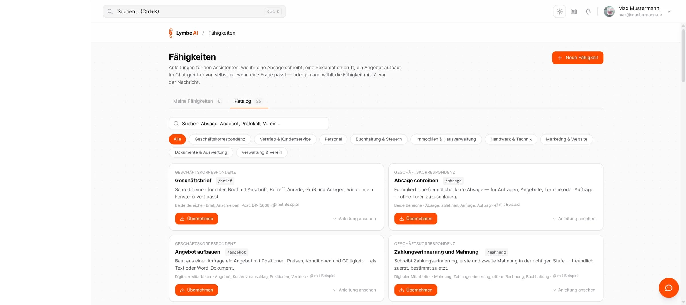 Katalog der Fähigkeiten im Lymbe-Portal