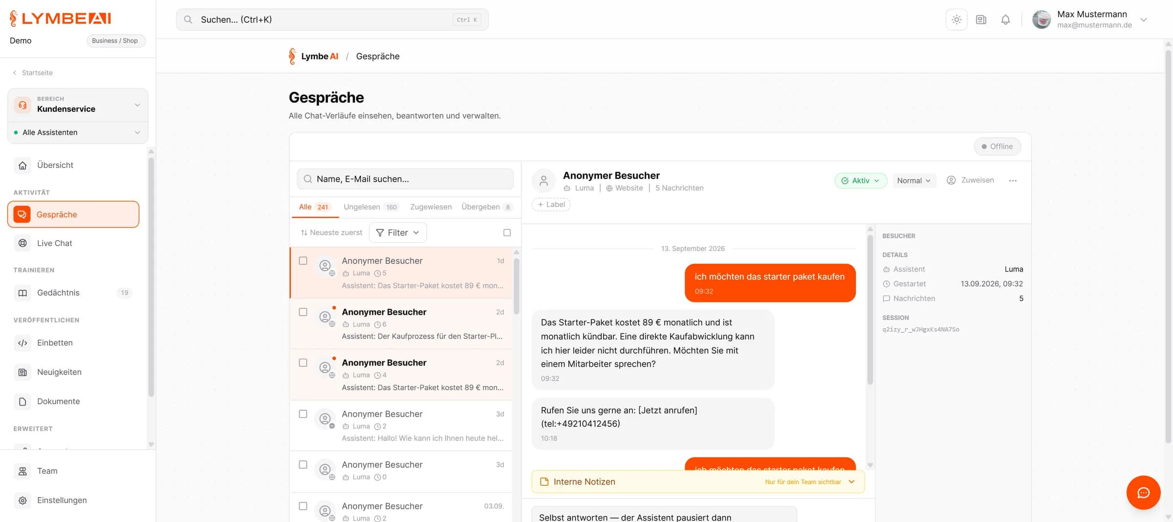 Posteingang mit allen Gesprächen aus Website, Messenger und WhatsApp